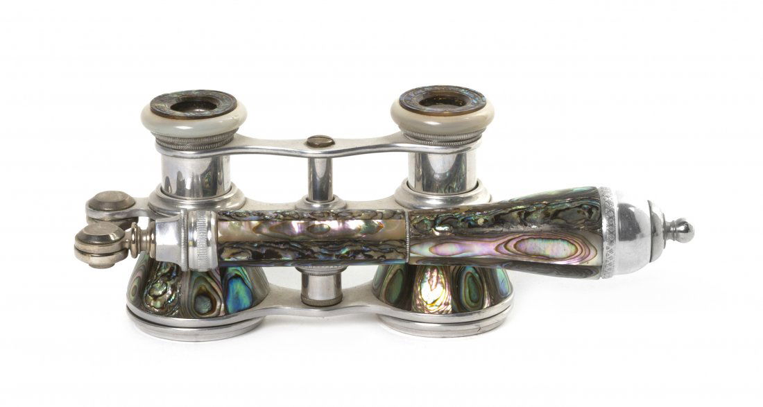 A Pair of French Mother-of-Pearl Veneered Opera G: A Pair of French Mother-of-Pearl Veneered Opera Glasses, Aussie Jantin, with aluminum frame and handle. Width 3 7/8 inches. Property from the Estate of Mr. Mark Fritz, West Bloomfield, Michigan