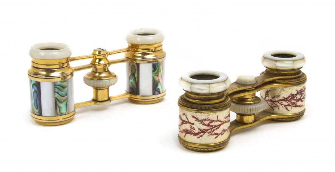 Two Pairs of French Mother-of-Pearl Veneered Oper: Two Pairs of French Mother-of-Pearl Veneered Opera Glasses, the first Colmont, the cylinders decorated with branches, the second Altex, the cylinders decorated with alternating mother-of-pearl veneers