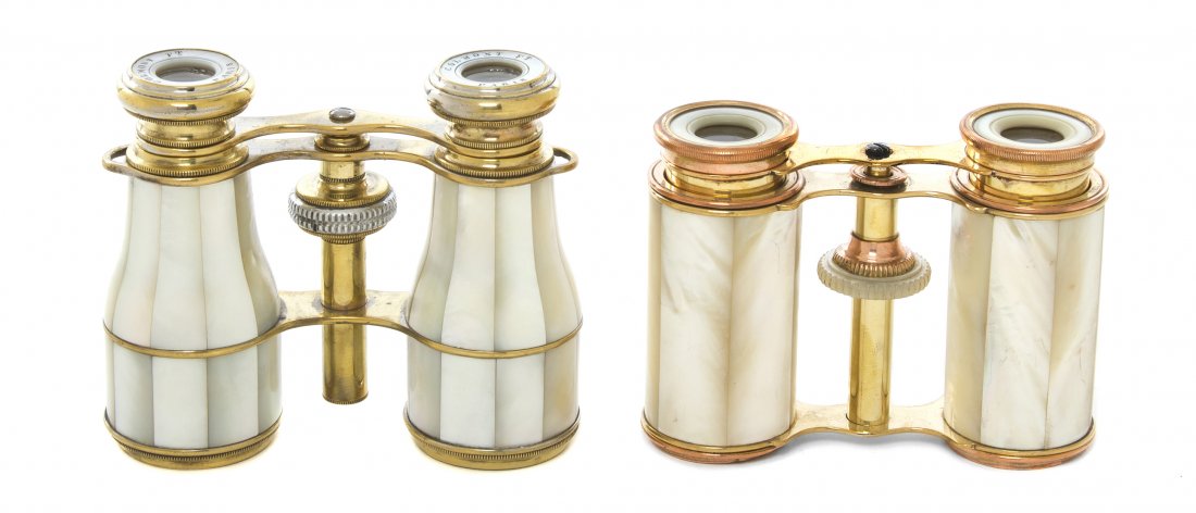 Two Pairs of French Mother-of-Pearl Veneered Oper: Two Pairs of French Mother-of-Pearl Veneered Opera Glasses, the first by Colmont, each with faceted decoration. Width of first 3 7/8 inches. Property from the Estate of Mr. Mark Fritz, West Bloomfield