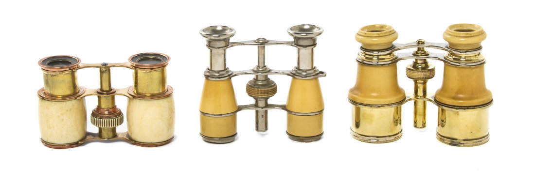 Three Pairs of Continental Opera Glasses, Width o: Three Pairs of Continental Opera Glasses, each having ivory or faux ivory veneers. Width of widest 4 inches. Property from the Estate of Mr. Mark Fritz, West Bloomfield, Michigan