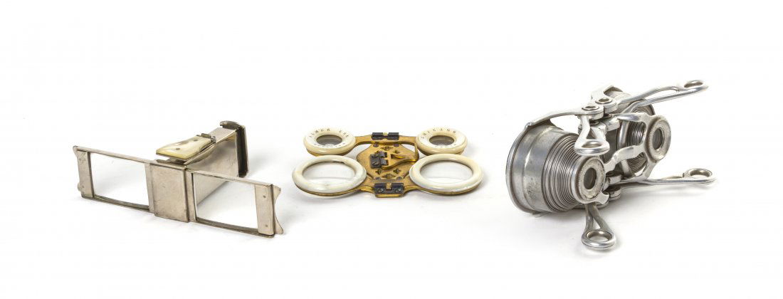 Three Pairs of Collapsible Opera Glasses, Width o: Three Pairs of Collapsible Opera Glasses, the first Archimede, with a brass frame and mother-of-pearl eyepieces, the second unmarked with a chrome frame and a mother-of-pearl handle and the last Aitch