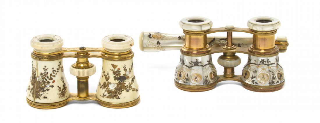 Two Pairs of Continental Opera Glasses, Width of: Two Pairs of Continental Opera Glasses, the first unmarked, having conforming etched mother-of-pearl decoration to cylinders and handle, the second with Shibayama decoration to ivory barrels. Width of