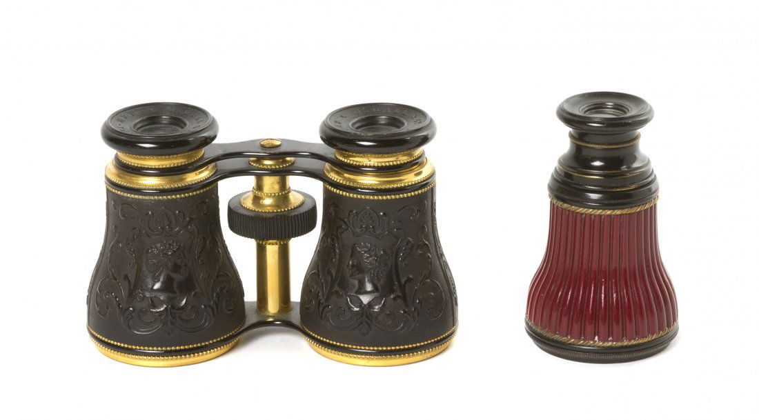 A Pair of American Brass Framed Opera Glasses, J.: A Pair of American Brass Framed Opera Glasses, J. Gall & Co., having female profile decoration in relief, together with an unmarked monocular. Width of first 4 3/8 inches. Property from the Estate of