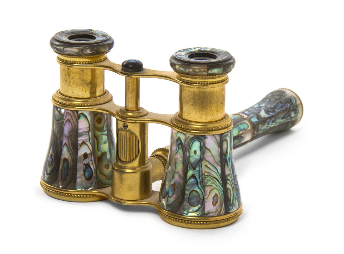 A Pair of French Abalone Veneered Opera Glasses,: A Pair of French Abalone Veneered Opera Glasses, Lemaire, with an adjuster in the handle. Width 3 7/8 inches. Property from the Estate of Mr. Mark Fritz, West Bloomfield, Michigan