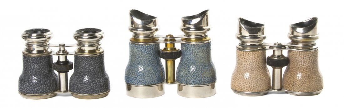 Three Pairs of French Shagreen Veneered Opera Gla: Three Pairs of French Shagreen Veneered Opera Glasses, of various makers, two with steel frames, one with a steel and brass frame. Width of widest 4 1/2 inches. Property from the Estate of Mr. Mark Fr
