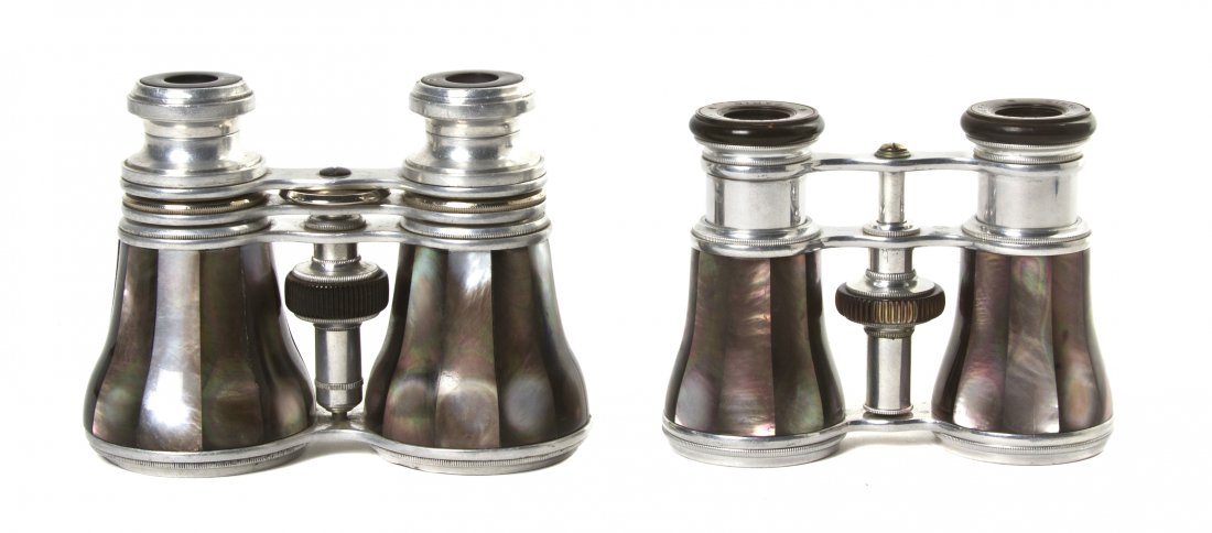 Two Pairs of French Mother-of-Pearl Veneered Oper: Two Pairs of French Mother-of-Pearl Veneered Opera Glasses, comprising an example by Lemaire and an unmarked example with a secondary pull, each with an aluminum frame. Width of wider 4 1/2 inches. Pr