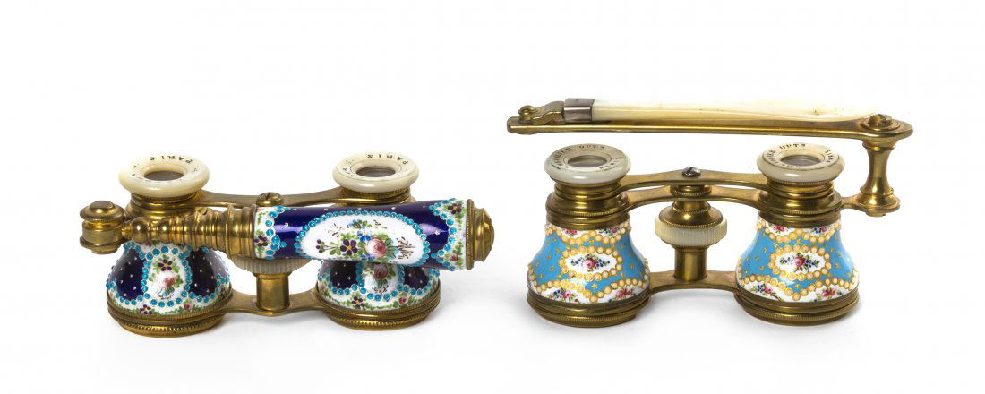 Two Pairs of French Enameled Opera Glasses, Width: Two Pairs of French Enameled Opera Glasses, the first LaTour, having polychrome foliate decoration on a cobalt ground, the handle with conforming decoration, the second by Chevelier having polychrome