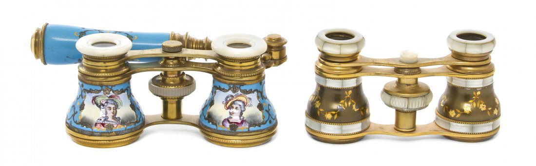 Two Pairs of French Enameled Opera Glasses, Width: Two Pairs of French Enameled Opera Glasses, the first unmarked, decorated with portraits of ladies on a blue ground, the conforming handle having cupid decoration, the second by Colmont having gilt fe