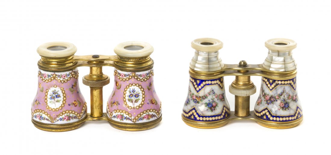 Two Pairs of Continental Enameled Opera Glasses,: Two Pairs of Continental Enameled Opera Glasses, the first having polychrome foliate decoration on a pink field, the second with polychrome decoration on a guilloche field with a cobalt border, each w