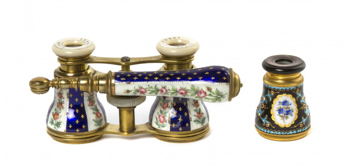 A Pair of French Enameled Opera Glasses, Verdi, W: A Pair of French Enameled Opera Glasses, Verdi, Paris, the cylinders and handle decorated with alternating panels of flowers and crosses, together with an unmarked enameled monocular having allover fo
