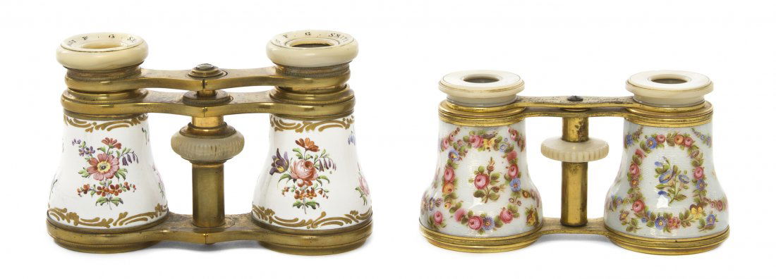 Two Pairs of Continental Enameled Opera Glasses,: Two Pairs of Continental Enameled Opera Glasses, the first decorated with floral wreaths and festoons on a guilloche field, the second decorated with polychrome floral sprays on a white field. Width o