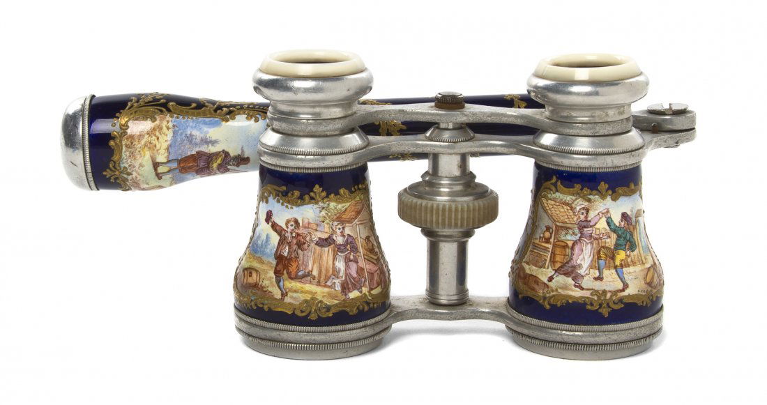 A Pair of Continental Enameled Opera Glasses, Wid: A Pair of Continental Enameled Opera Glasses, decorated with courting couples in village scenes, the conforming handle decorated with a musician, having mother-of-pearl eyepieces. Width 3 7/8 inches.