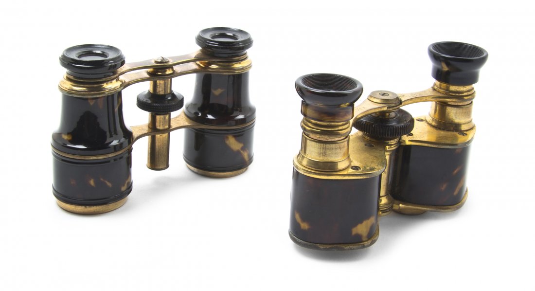 Two Pairs of French Faux Tortoise Shell Veneered: Two Pairs of French Faux Tortoise Shell Veneered Opera Glasses, each with gilt brass fittings. Width 3 5/8 inches. Property from the Estate of Mr. Mark Fritz, West Bloomfield, Michigan
