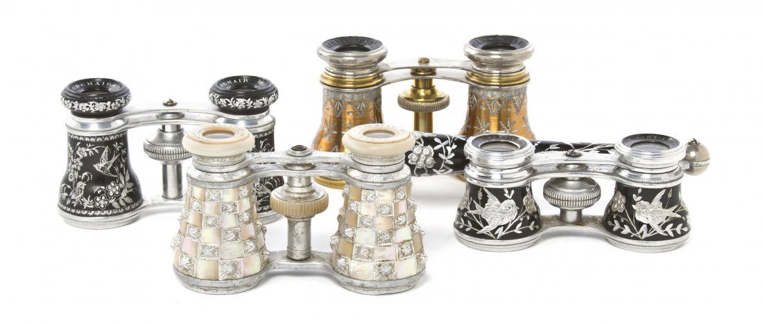 Four Pairs of French Opera Glasses, Width of firs: Four Pairs of French Opera Glasses, the first by M. Bertier, having conforming bright cut decoration to barrels and handle, depicting birds and foliage, the second Audemair also having birds and folia