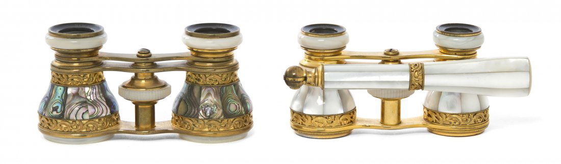 Two Pairs of French Veneered Opera Glasses, Width: Two Pairs of French Veneered Opera Glasses, each with gilt metal floral bands, one with mother-of-pearl and an applied handle, the other with abalone. Width of wider 3 7/8 inches. Property from the Es