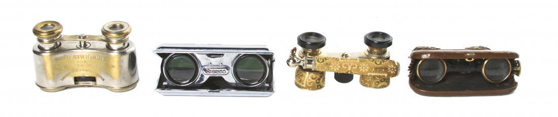 Four Pairs of Opera Glasses, Width of widest over: Four Pairs of Opera Glasses, comprising two collapsible examples, a fabric veneered example and a brass example. Width of widest overall 4 1/4 inches. Property from the Estate of Mr. Mark Fritz, West
