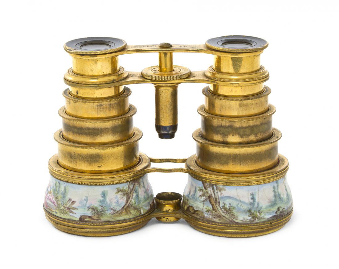 A Pair of French Enameled Opera Glasses, Width 4: A Pair of French Enameled Opera Glasses, of squat form, decorated with figures in a landscape. Width 4 1/2 inches. Property from the Estate of Mr. Mark Fritz, West Bloomfield, Michigan