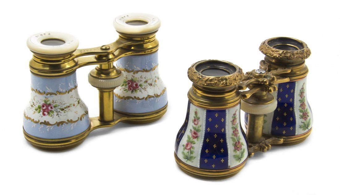 Two Pairs of French Enameled Opera Glasses, Width: Two Pairs of French Enameled Opera Glasses, the first by Verdi with floral decoration on a light blue reserve, the second unmarked with floral decoration on a white reserve between vertical cobalt ban