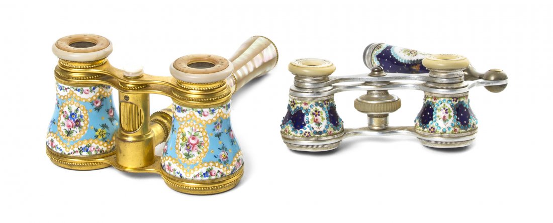 Two Pairs of French Enameled Opera Glasses, Width: Two Pairs of French Enameled Opera Glasses, the first Lemaire, having polychrome foliate decoration fitted with a central mother-of-pearl veneered handle with a focus wheel, the other with polychrome