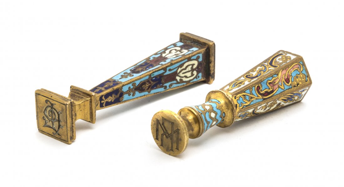 Two Continental Champleve Seals, Height of taller: Two Continental Champleve Seals, one of hexagonal form, the other square. Height of taller 3 1/4 inches. Property from the Estate of Mr. Mark Fritz, West Bloomfield, Michigan