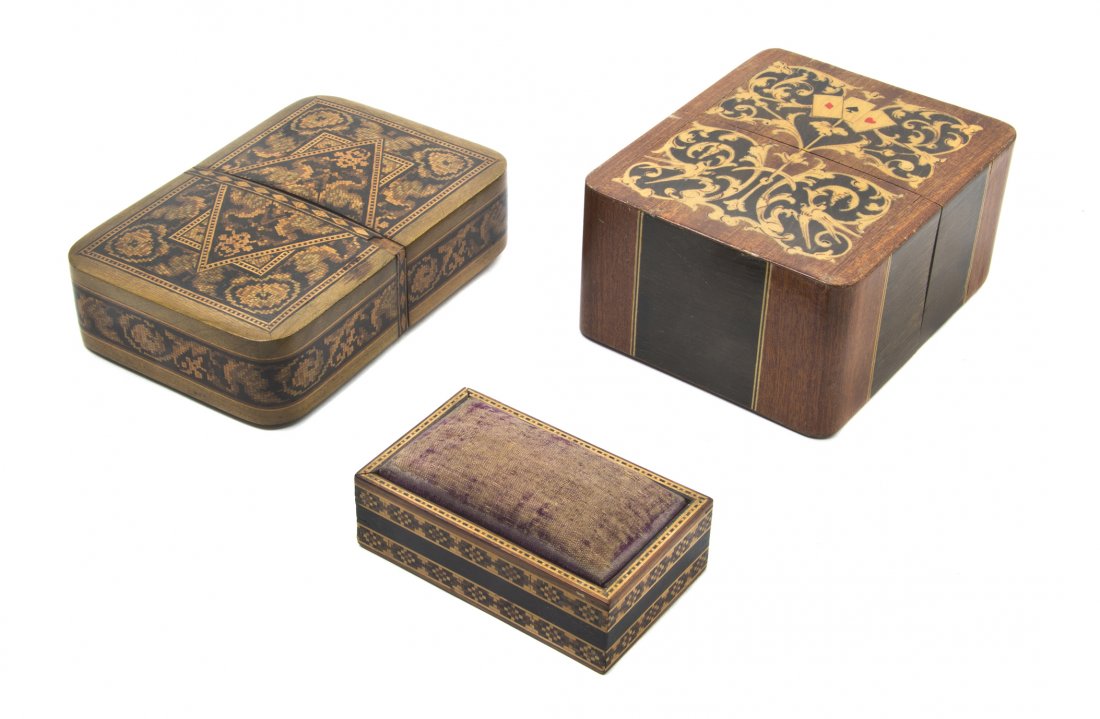 A Tunbridge Ware Inlaid Card Case, Width of first: A Tunbridge Ware Inlaid Card Case, of rectangular form having stylized foliate decoration, together with a similar needle case. Width of first 5 inches. Property from the Estate of Mr. Mark Fritz, Wes