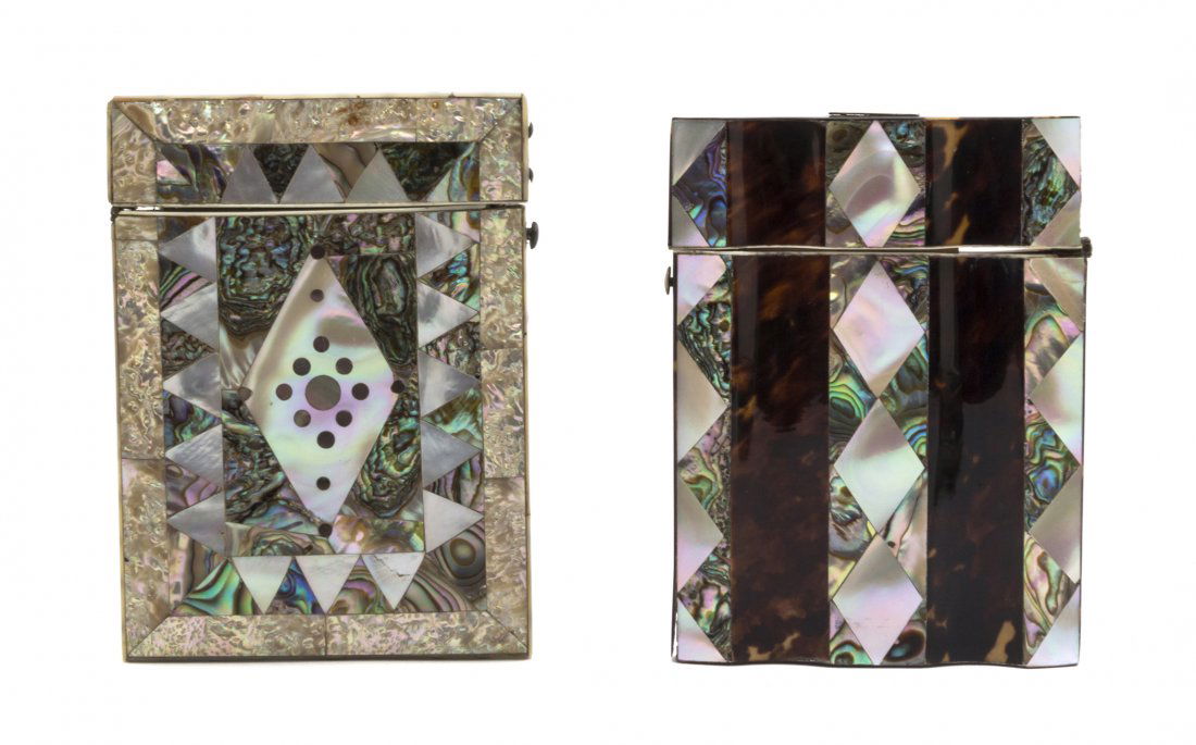 Two Mother-of-Pearl and Abalone Veneered Card Cas: Two Mother-of-Pearl and Abalone Veneered Card Cases, the first with allover geometric decoration, the second with vertical tortoise shell bands. Height of first 4 1/4 inches. Property from the Estate