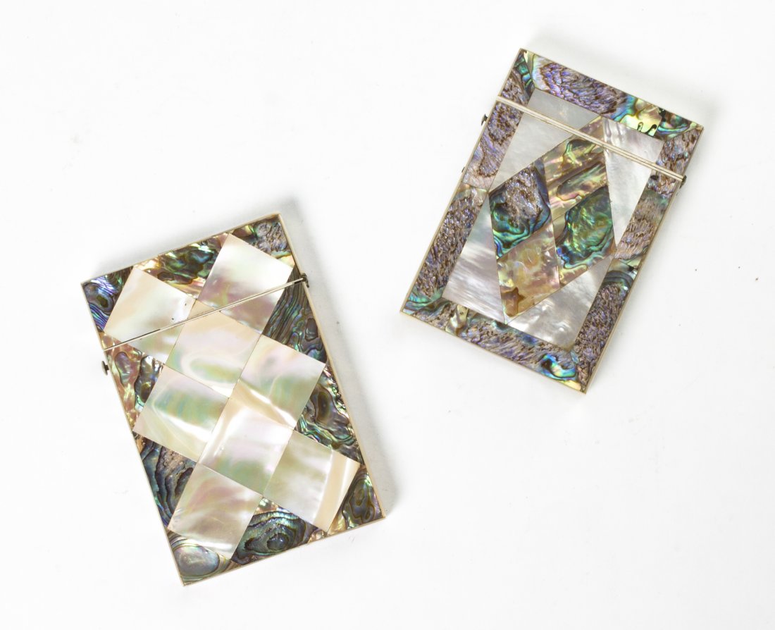 Two Mother-of-Pearl and Abalone Veneered Card Cas: Two Mother-of-Pearl and Abalone Veneered Card Cases, each having diamond decoration. Height of taller 4 inches. Property from the Estate of Mr. Mark Fritz, West Bloomfield, Michigan