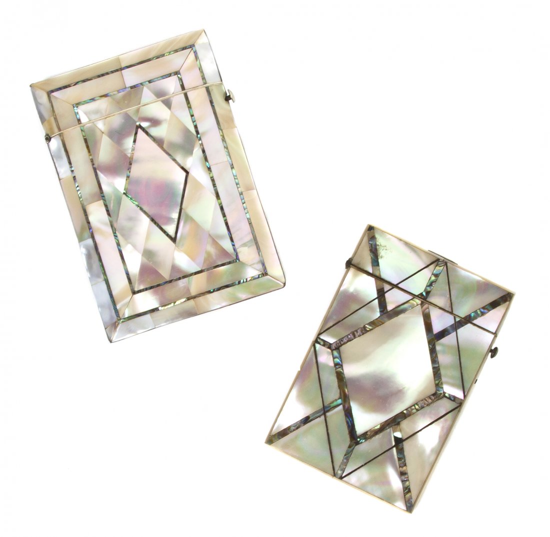 Two Mother-of-Pearl and Abalone Veneered Card Cas: Two Mother-of-Pearl and Abalone Veneered Card Cases, each of rectangular form with diamond decoration. Height 4 1/8 inches. Property from the Estate of Mr. Mark Fritz, West Bloomfield, Michigan