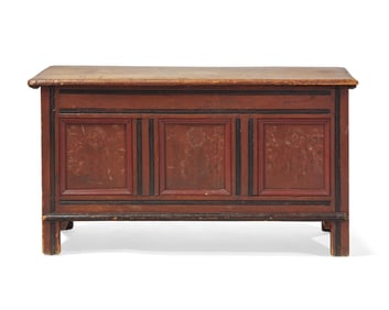 A Pilgrim Century Carved And Polychrome-Decorated Pine, Tulip Poplar and Oak Blanket Chest