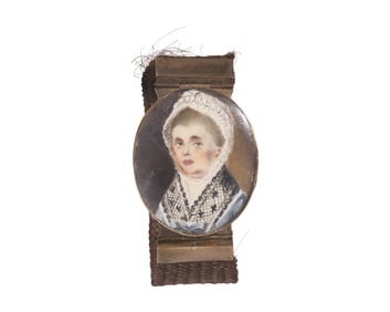English School 18th Century, A Hairwork Bracelet With Portrait Miniature Clasp Of A Lady In Blue
