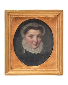 French School 16th / 17th Century, A Portrait Miniature Of A Young Lady In Black With White Cap And