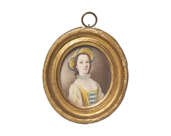 Peter Paul Lens (English, 1714-1754), A Portrait Miniature Of A Young Lady In Yellow Dress And Hat