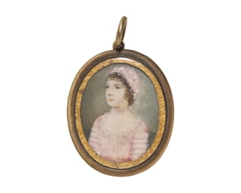 Gervase Spencer (English, 1715-1763), A Portrait Miniature Of A Young Girl In Pink Dress And Bonnet