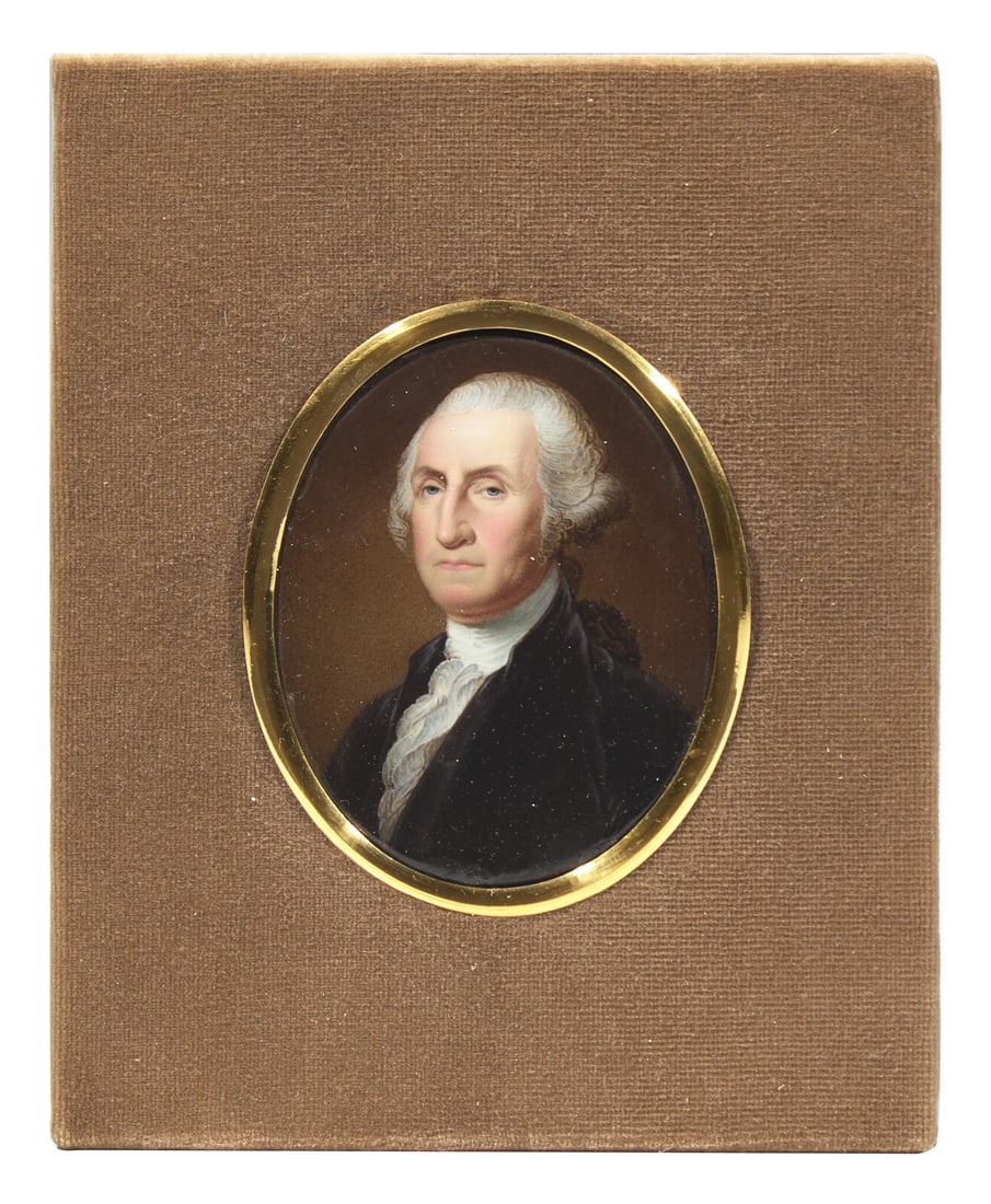 John Haslem (British, 1808-1884), After Gilbert Stuart (1755-1828), An Enameled Portrait Miniature: John Haslem (British, 1808-1884), After Gilbert Stuart (1755-1828), An Enameled Portrait Miniature Of George Washington (1732-1799) Dated, "1852" on verso, inscribed, "George Washington/ b. Feb. 1732,