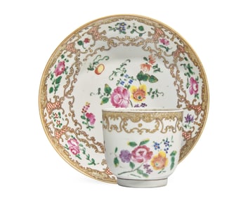 A Chinese Export Porcelain Famille Rose Chocolate Cup And Saucer