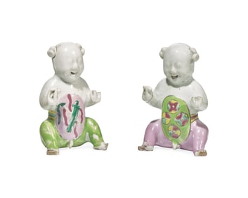 A Pair Of Chinese Porcelain Laughing Boys In Polychrome