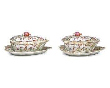 A Rare Pair of Chinese Export Porcelain Famille Rose Leaf-Form Covered Sauce Tureens And Underplates