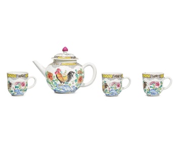 A Chinese Export Porcelain Famille Rose Four-Piece "Cockerel Upon Rockwork" Tea Service