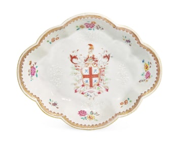 A Chinese Export Porcelain Ovoid Dish Bearing The Arms Of Bourchier