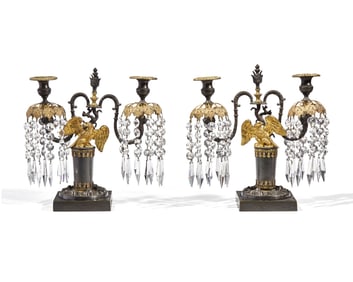 A Pair of George III Patinated and Gilt-Bronze Eagle-Decorated Two-Light Girandoles