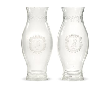 A Pair Of Large Neoclassical Blown And Engraved Colorless Glass Hurricane Globes