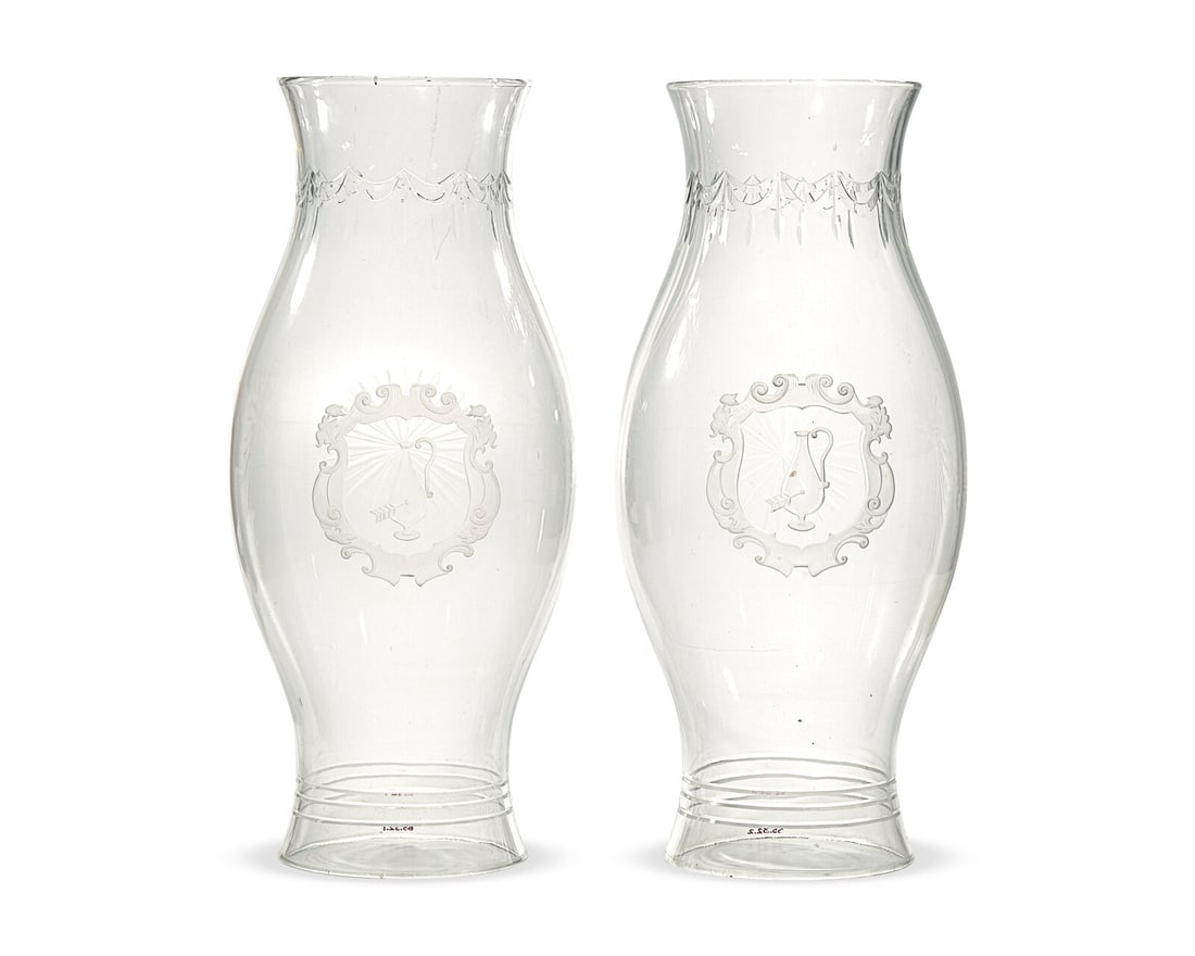 A Pair Of Large Neoclassical Blown And Engraved Colorless Glass Hurricane Globes (1 of 3)