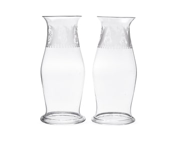 A Pair Of Cut And Etched Uncolored Glass Hurricane Globes