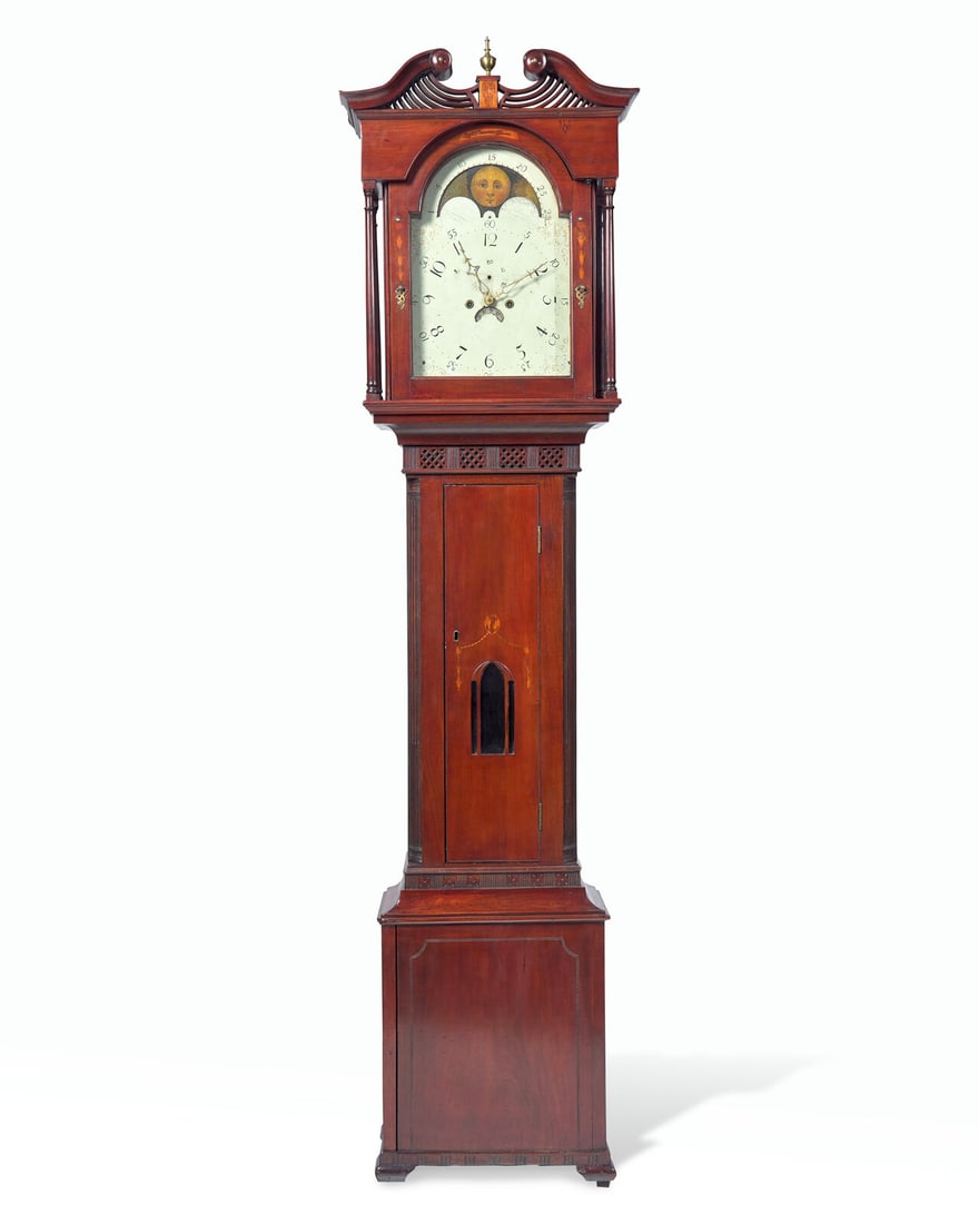 A Federal Carved And Inlaid Walnut and Cherrywood Tall Case Clock: A Federal Carved And Inlaid Walnut and Cherrywood Tall Case Clock The Case By John Shearer, Probably Berkley County, Virginia (Now West Virginia), Dated, "1805" the finial plinth incised with the face