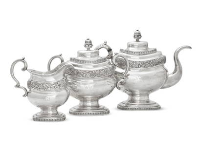 A Federal Three-Piece Coin Silver Tea Service: A Federal Three-Piece Coin Silver Tea Service John Targee (C. 1775-1850), New York, New York, Circa 1805 comprising a teapot, a covered sugar dish, and a creamer, all with cast and chased bands of fol