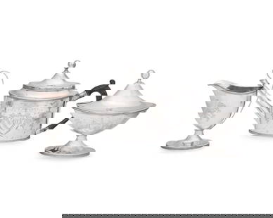 A Federal Three-Piece Silver Tea Service: A Federal Three-Piece Silver Tea Service John Vernon (C. 1761-1842), New York, New York, Circa 1795-1800 comprising a teapot, a covered sugar dish, and a creamer, each engraved to each side with be-ri