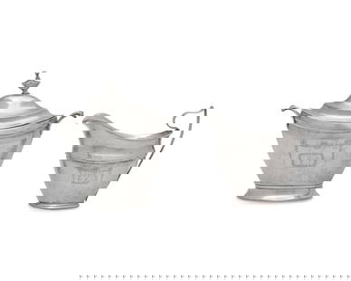 A Federal Silver Covered Sugar Dish and Creamer: A Federal Silver Covered Sugar Dish and Creamer Silas White Howell (1770-1818), Morristown, New Jersey, Circa 1795 the covered sugar dish with "Onslow" handles, the lid with finial, the sugar dish and