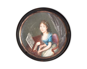 French School 18th Century, A Portrait Miniature Of A Young Lady At The Pianoforte