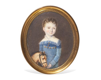 English School 19th Century, A Portrait Miniature Of A Young Boy In Blue Suit With Rocking Horse