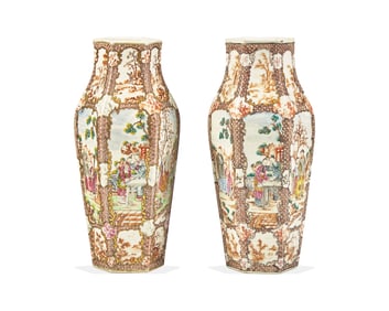 A Pair Of Chinese Export Porcelain Famille Rose Hexagonal Vases